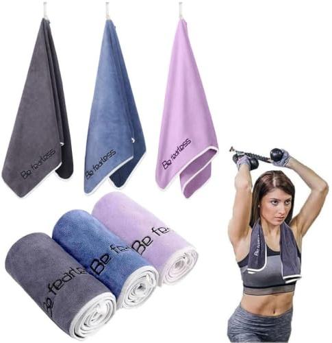 Oaygat 3 Packs Microfiber Gym Towels Bigger Size Super Soft for Exercise Fitness Sports Workout 400-GSM 15-Inch x 31-Inch Quick-Drying Towels (Gray + Blue + Purple)