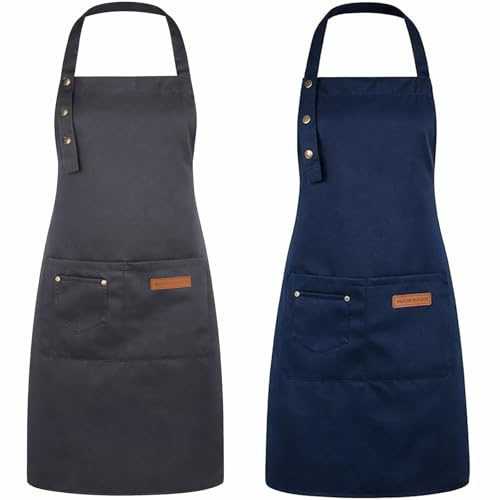 DASHUAIGE 2 Pack Adjustable Waterproof Canvas Aprons with Pockets, Comfortable Unisex Chef Aprons for Cooking, Grilling, Restaurant