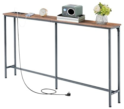 GOKHOMX Table Console de 160 cm avec 2 Prises et 2 Ports USB, Console Meuble d'Entrée Étroite de 20 cm de Largeur Table Derrière Le Canapé pour Salon Entrée Couloir Hall, Marron et Noir