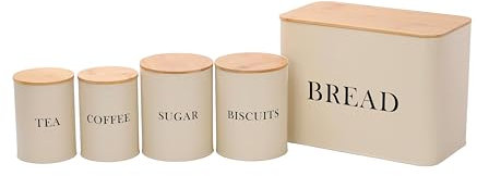 Kabalo Bread Bin Biscuit Barrel Tea Coffee Sugar Jar Canisters Tins Air Tight Set Cream