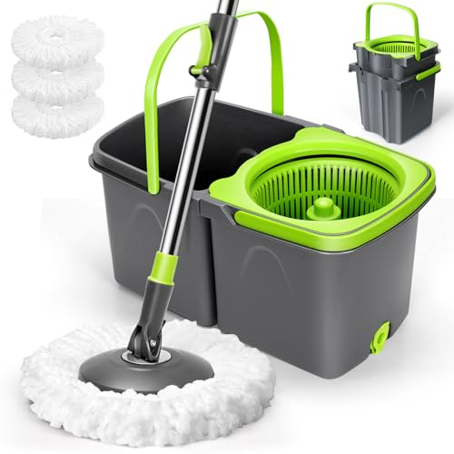 Eukue Serpillère Essoreur avec Seau, Balai Serpillère Microfibre Plat Rotatif 360°avec 3 Serpillères Réutilisables, 2 en 1 Seau Serpillere de Mains Libre pour Nettoyage Tous Types de Sols-Gris