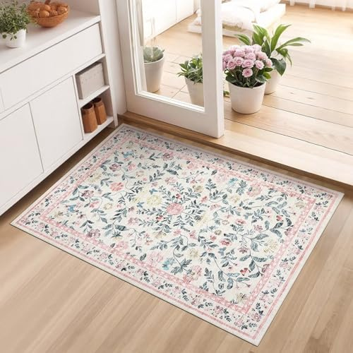 Floral Door Mat 60x100 cm for Entryway, Washable Bedside Rugs, Farmhouse Area Rugs for Kitchen, Foldable Soft Carpet, Non-Slip Indoor Floor Mat for Hallway, Pink