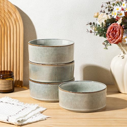 GBhome Stengods flingskålar set med 4, handgjorda keramiska skålar set för frukostsoppsallad, eleganta köksskålar för måltider, säker för diskmaskin och mikrovågsugn, reaktiv glasyr - ökensalvia