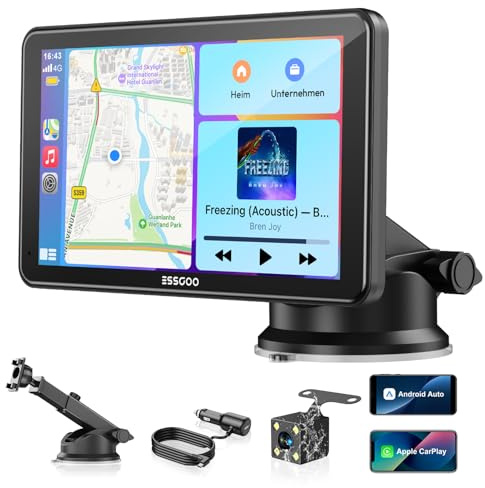 ESSGOO Pantalla Carplay Coche con Cámara Retrovisora,7 Pulgadas Apple Car Play Android Auto Inalámbrico,Pantalla Táctil Portátil Radio Coche con Bluetooth,Airplay,Mirror Link,FM,AUX,Siri,Navegación