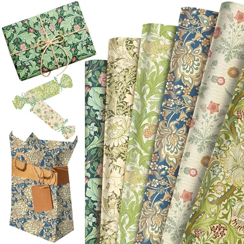 feuilles papier cadeau william morris motif floral vert papier | 12 feuilles papier cadeau william morris motif floral 508 x 6858 mm vert papier artisanal diy pour cadeaux anniversaire