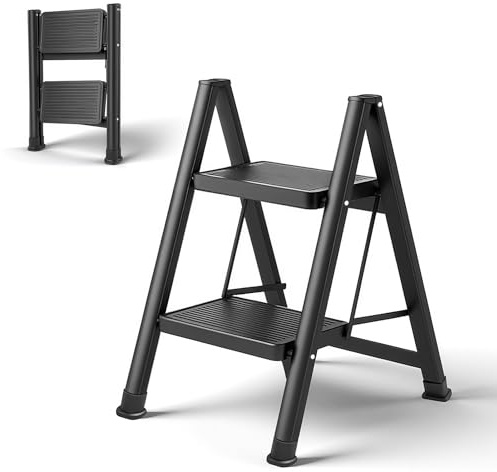Victoam Escalera de 2 peldaños, plegable con soporte seguro, pedal ampliado, escalera plegable de aluminio, taburete multifuncional de hasta 150 kg, soporta hasta 150 kg, para cocinas, hogar