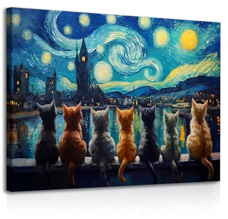 Dazzlewall Incorniciato Quadro Notte Stellata con Gatti, Poster Artistico Vintage con Pittura ad Olio di Gatto per Camera da Letto Soggiorno 30×40 cm