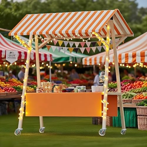 Carrito de venta móvil con toldo a rayas, soporte plegable para alimentos, aperitivos, bebidas y perros calientes, perfecto para festivales, playas y vendedores ambulantes (120 cm)