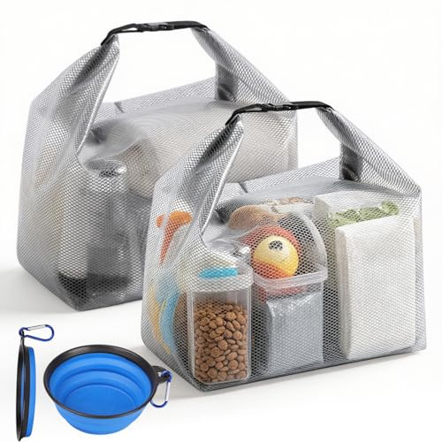 NEUSID Lot de 2 boîtes à nourriture sèche pour chien - 7,7 l - Sac de voyage à fermeture enroulable avec 2 bols pliables pour voyage en voiture, camping