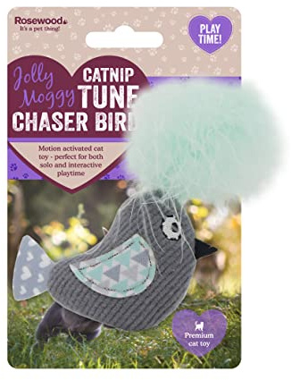 Rosewood Jolly Moggy Catnip Tune Chaser Bird - Interactive Cat Toy with Motion-Activated Sounds and Catnip for Stimulating Play and Entertainment