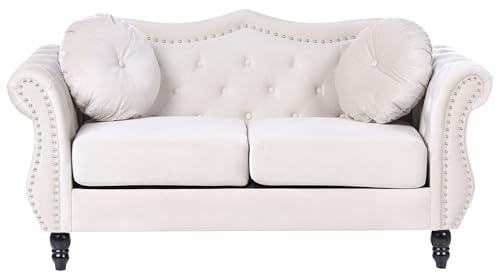 Divano in Velluto Beige 2 posti con Cuscini Stile Chesterfield Retrò