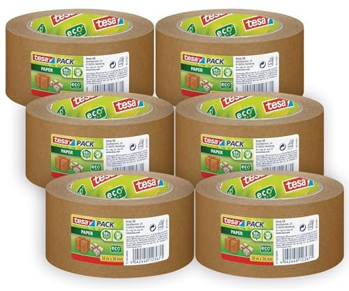 Tesa tesapack STRONG PAPER - Nastro da imballaggio in carta - 92% di materiali rinnovabili - Strappabile a mano - Nastro da imballaggio per pacchi medi - Marrone - 6 rotoli da 50 m x 50 mm ciascuno