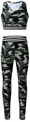iEFiEL Mädchen Sportanzug Druck Trainingsanzug Zweiteiler Gymnastikanzug Sport BH Ärmellose Weste und Leggings Lang Sporthosen Z Armee Grün 146-152