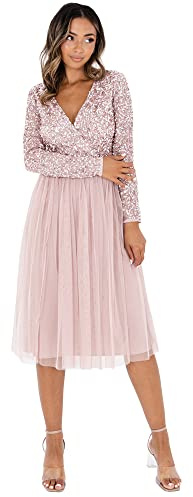 Maya Deluxe Damen Maya Faux Warp Front Embellished Midi Bridesmaid Dress, Frosted Pink, 50 EU