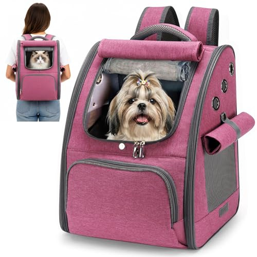 ALLSOPETS Sac à Dos Chat, Sac à Dos Pliable et Respirant pour Chien et Chat avec Rideaux Anti-UV Idéal pour Voyage Randonnée et Camping (Rose Baies)