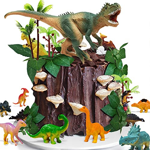 GLAHORSE 26 PCS Dinosaur Cake Toppers With Dinosaur Eggs Leaves Trees Cake Decorations For Birthday Party,dinosaur Themed party, Wild Animals Party,Kids Party Cake Decorations