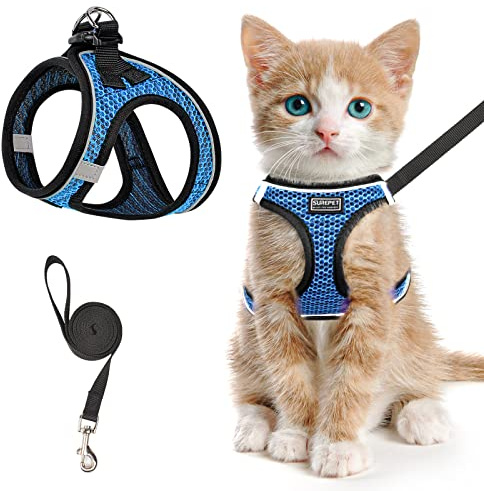 Cat Harness and Lead Set for Walking Escape Proof, Adjustable Kitten Vest Harness Reflective Soft Mesh Puppy Vest for Outdoor, Comfort Fit, Easy to Control