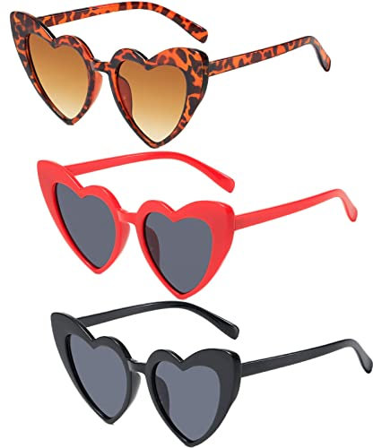 3 Pièces Lunette de Soleil Coeur Femme, Vintage Heart Lunettes Rétro Festival lunettes oeil de chat pour Femmes Hommes Enfants Fournitures de Fête Cadeaux Mariage Anniversaires (Rouge/Noir/Léopard)