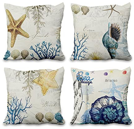 Aoihrraan 16 x 16 Inch Ocean Themed Cushion Covers Beach Conch Starfish Coral Square Linen Throw Pillow Covers Home Decor For Summer Bedroom Living Room Outdoor Garden Sofa Car, 41x41cm Set of 4