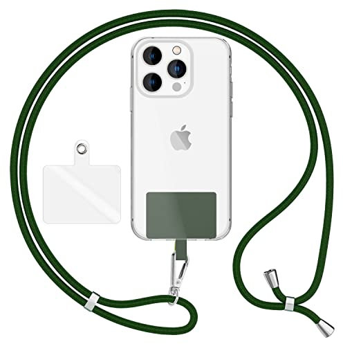 NALIA HoldMe Air Universal-Kette mit Pad, Band für Handy-Hülle zum Umhängen, Karabinerhaken aus Metall (silber), Schlüsselband Umhängeband 160 CM, Crossbody Lanyard mit Schlaufe, Farbe:Dunkel-Grün
