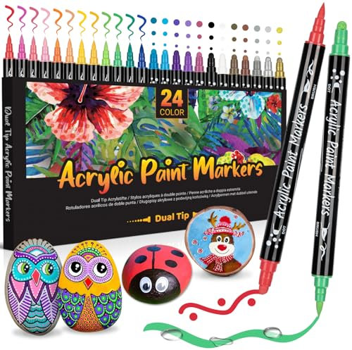 AOSUCO Acrylstifte für Steine Wasserfest, 24 Dual Tip (dot & brush marker) Acrylstifte Wasserfest Steine Bemalen, Acrylmarker für Holz, Papier, Glas, Leinwand, Muscheln, Basteln Acrylic Paint Marker