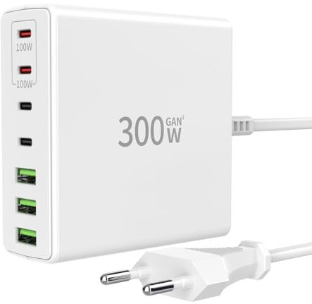 FINIBO 300W USB C Ladegerät Mehrfach: 7-Ports Schnellladegerät mit 4 USB-C und 3 USB-A, USB Charger Multiport Dual-PD PPS Netzteil für MacBook Pro/Air,iPad Pro/Air,Sumsung（Weiß）