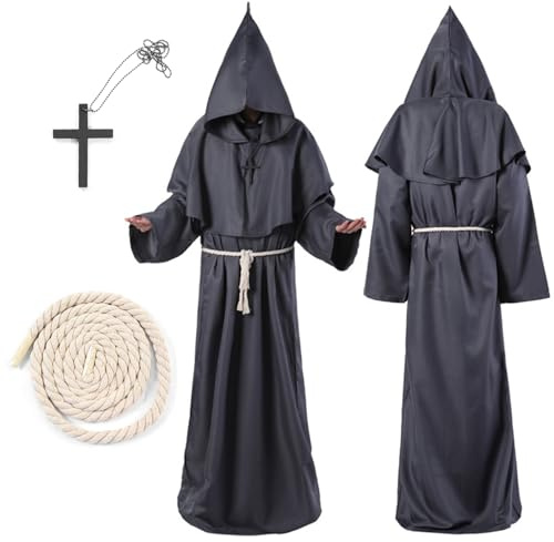 LXYYDS Costume da monaco, Costume da Monaco Medievale, Abito da Mago per Adulto, Nero Abito Talare Costume, con Collana a Croce & Corda in Vita, per feste Carnevale Cosplay, Halloween (XXL)