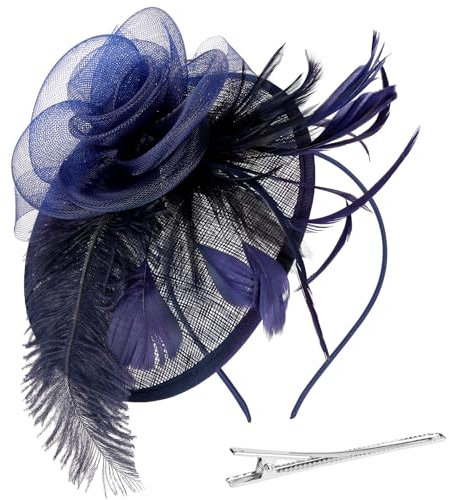 Alaoo Fascinator Hüte für Damen, Damen Fascinators Hut, Pillbox Hut mit Schleier Stirnband für Hochzeit Tea Party Mesh Blume Cocktail Party (Farbe: 03-Marineblau)