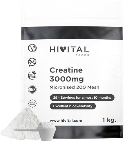 Creatina 3000 mg. 1 Kg / 1000 g. 294 dosi per quasi 10 mesi di trattamento. 100% Creatina Monoidrato Pura, Vegana e Micronizzata in polvere a 200 Mesh. Prodotto in Europa da HIVITAL
