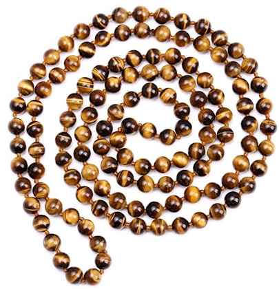Aobei Pearl Vintage Tiger Endless Necklace Long Beaded Necklace Handmade Knotted Jewelry for Women Fashion Gemstone Strand Necklace