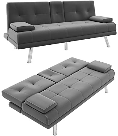 ELEGANT Sofa Bed 2 Seater Click Clack Sofa Bed with Removable Pillow, Modern Fabric Convertible Futon Settee with 2 Cup Holders, Futon Recliner Lounge for Living Room/Guest Room/Office, Grey