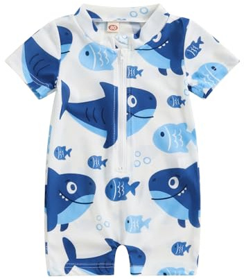 LYZOURBB Toddler Baby Boy One-piece Swimsuit Toddler Boy Short Sleeve Zipper Rash Guard Set Dinosaurs Sharks Swimming Outfits Bathing Suit for 0-3Years