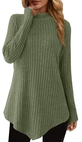 JUSTFASHIONNOW Womens Fall Tunic Tops Long Sleeve Shirts for Women Turtleneck Lightweight Sweaters Asymmetrical Hem Tops(Army Green,X-Large)