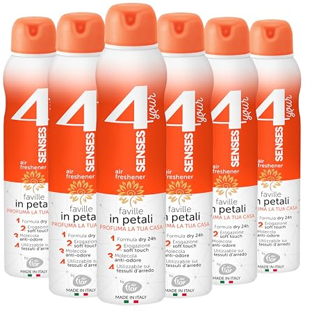 4 YOUR SENSES | Deodorante per Ambiente Spray, Formula Dry 24h con Molecola Anti-Odore, Utilizzabile sulle Superfici di Arredo, Faville in Petali, 6x250 ml