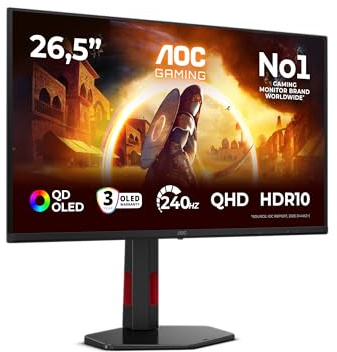 AOC Gaming Monitor Q27G4ZDR 27 tum, 240 Hz, QD-OLED-panel, 0,03 ms GtG, HDR10, G-Sync, kompatibel, höjdjusterbar, USB-hub (2560 x 1 440 HDMI 2X 2.1 DP 1x 1,4) svart