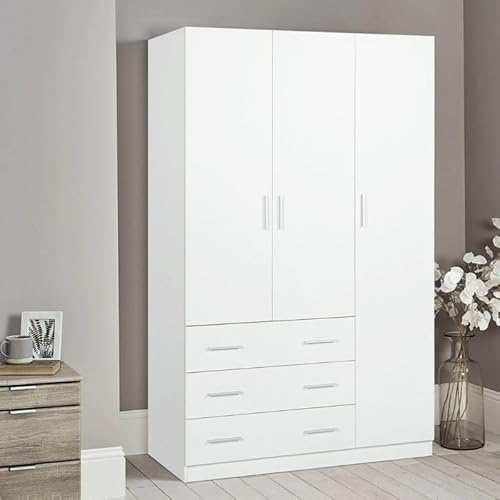 Buyqualia Armario Ropero Blanco 200x120x58 cm con 3 Puertas y 3 Cajones – Armario de Dormitorio Amplio y Funcional