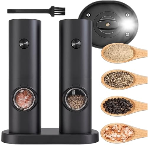 KRUMAD Juego de 2 molinillos eléctricos de sal y pimienta, molinillo de especias eléctrico con fuerza de molienda ajustable, pimienta y molinillo de sal, diseño moderno, molienda segura, para especias