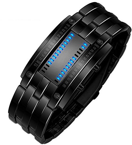 TONSHEN Binario Relojes de Hombre Deportivos Acero Inoxidable Bisel Y Correa Moda Relojes de Pulsera Calendario El Unico Diseño Simple Digitales LED Azul Luz Cool Relojes Negro (Hombre)
