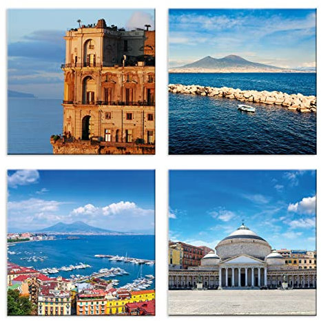 LuxHomeDecor Quadri napoli vesuvio 4 pezzi 30x30 cm Stampa su Tela con Telaio in Legno arte arredo