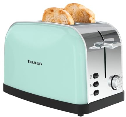 Taurus – Tostador Vintage II Mint, 950W, 2 Ranuras 135x35mm, 7 Niveles Tostado, 3 Funciones, Autoapagado, Cuerpo Acero INOX, Autocentrado, Bandeja Recogemigas, Elevación Extra, Recogecables, Verde