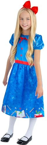 Smiffys Kids Book Worm Costume, Girls Fancy Dress with Blue Dress and Red Bow Headband, Storybook Character Outfit for World Book Day and Parties, Age 7-9