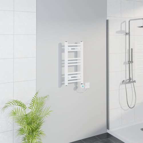 Warmehaus Smart WiFi Thermostatic Electric Bathroom Straight Heated Towel Rail Warmer Radiator with Timer 600x300mm - White