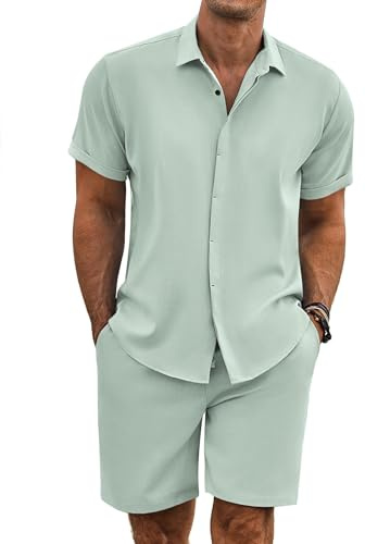 COOFANDY Mens Linen Set Beach Clothes for Men linen suit, Light Green, Medium
