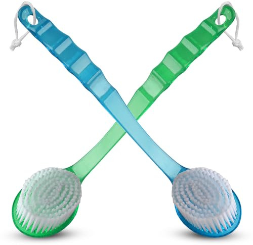 2 Pack Bath Body Brush Long Handle Back Shower Brush Exfoliating Back, Body, and Feet Scrubber Soft Nylon Bristles (Blue & Green)