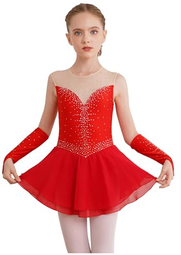 Freebily Abito da Pattinaggio Artistico sul Ghiaccio Bambina Vestito da Ballo Balletto Collo Rotondo Body Danza Classica Ballerina Leotards Vestito Ginnastica con Guanti Rosso 9-10 Anni