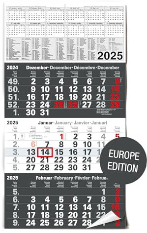 TOBJA 3 Monatskalender 2026 Wandkalender mit Schieber Europe Version - Anthrazit Kalender 2026 Wandkalender | FSC-zertifiziert | Großformat 56x30 cm (gefalzt!)