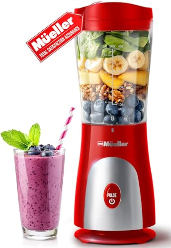 Mueller Smoothie Blender for Smoothies - Personal Blender for Shakes, Frozen Drinks, Baby Food & More, 15oz Travel Cup and Lid, Durable Stainless Steel Blades for Powerful Blending Performance, Red