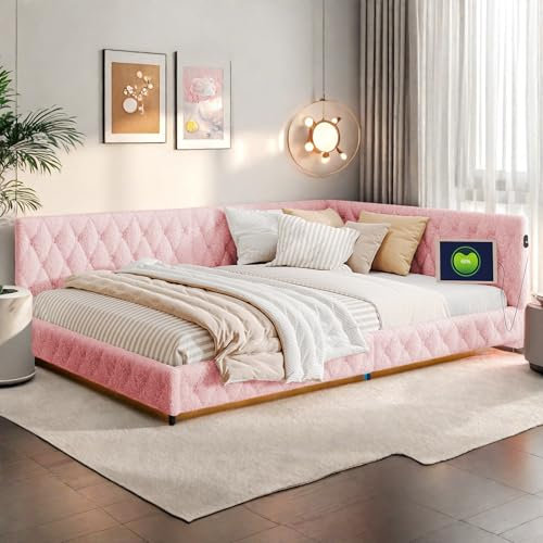 LKPOMI Polsterbett 140x200, Tagesbett mit LED und USB, Rosa Kinderbett mit Lattenrost, Teddy Fleece Einzelbett Schlafsofa Daybett, ohne Matratze