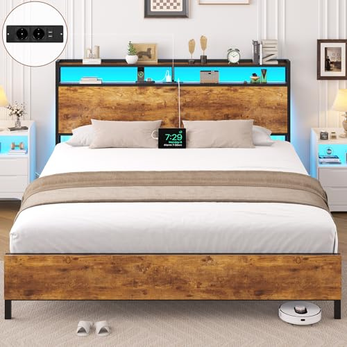 Brinlawb Cadre de Lit 160x200 avec sommier en Métal, Lit 2 Personnes avec LED et Multiprise (2 Prises CA, 2 Ports USB), lit Double avec étagère de Rangement, Facile à Assembler, Marron Vintage Noir