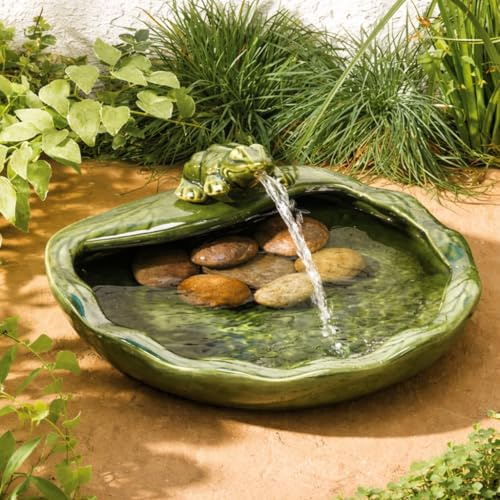 Festive Lights - 37cm Solar Power Ceramic Frog Water Feature with Glazed Green Finish – Outdoor Garden Fountain, IP44 Rated, Weather Resistant – Self-Contained, Easy Setup, 3m Cable, No Mains Needed